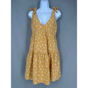 Lush Dress Womens Large Yellow Floral Mini Gauze Cotton Tiered Boho Cottagecore
